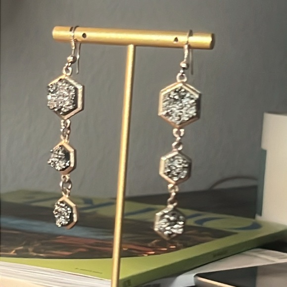 3 tier dangle earrings gold and black sparkle quartz rock octagon shaped 3” long - Picture 6 of 14
